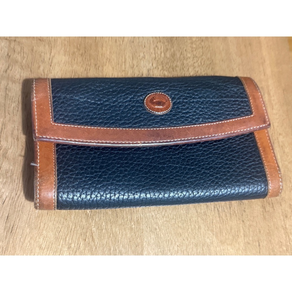 Vintage Dooney & Bourke All Weather Leather Checkbook Wallet Navy British Tan